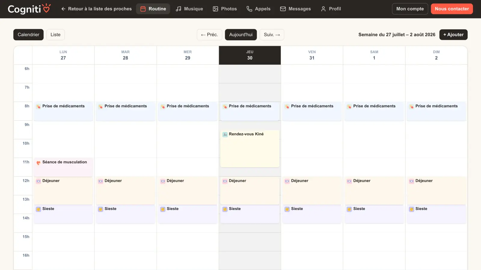 Interface de l’espace aidant Cogniti pour gérer l’agenda : rendez-vous, routines et rappels