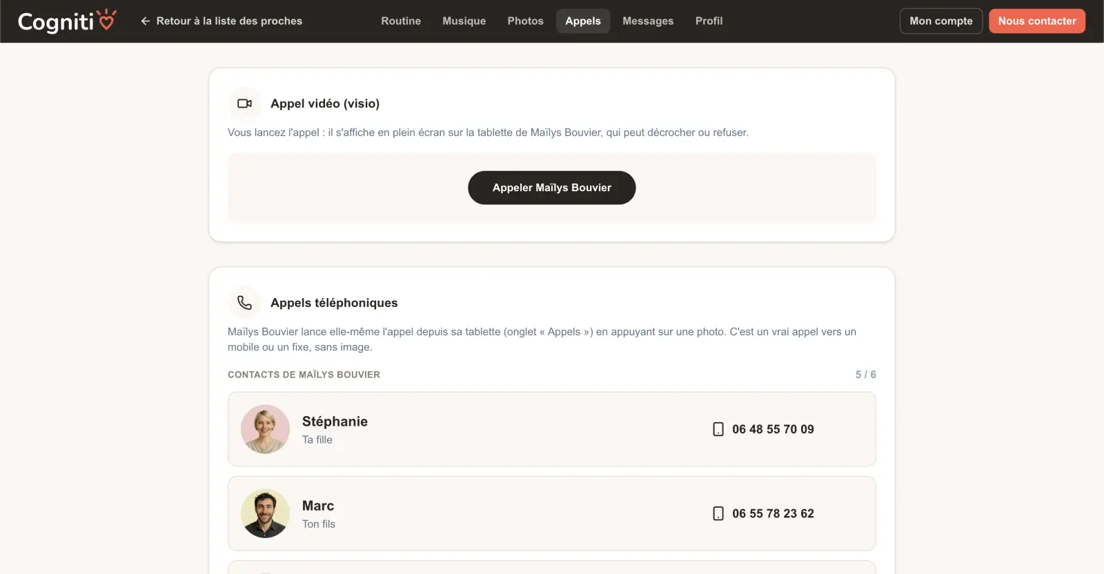 Interface de l’espace aidant Cogniti pour appeler un proche par téléphone ou en visio