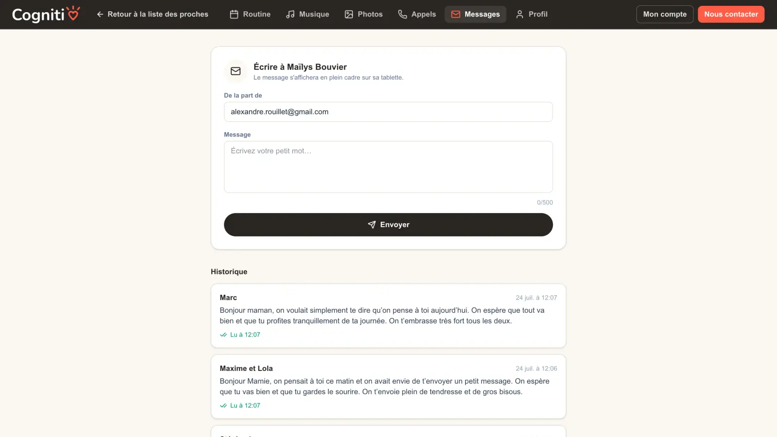 Interface de l’espace aidant Cogniti pour envoyer un message à un proche