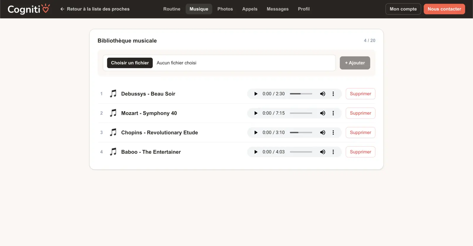 Interface de l’espace aidant Cogniti pour ajouter de la musique destinée à la tablette
