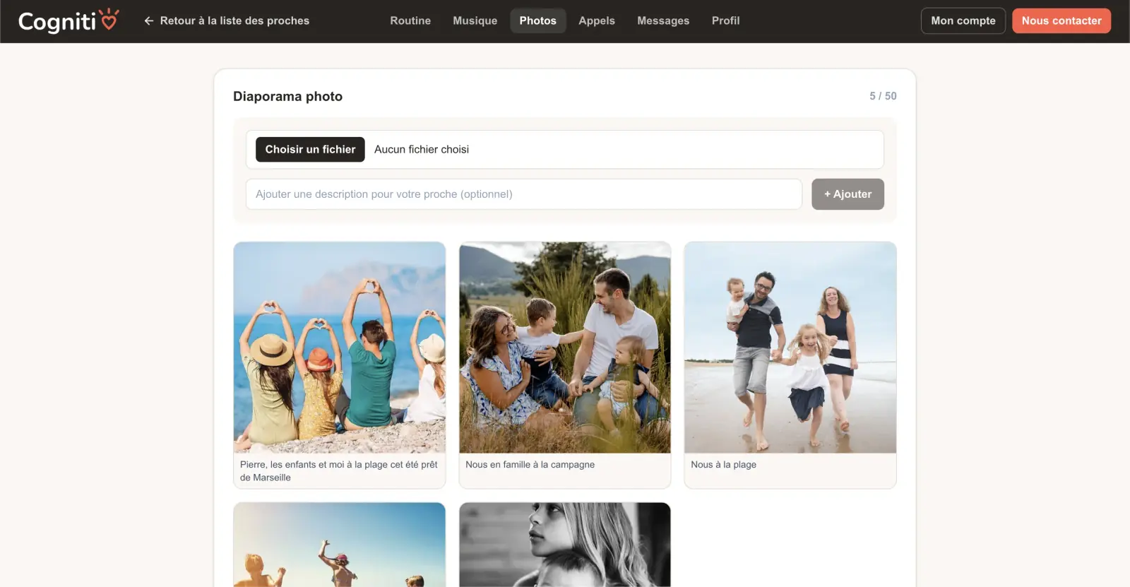 Interface de l’espace aidant Cogniti pour ajouter des photos destinées à la tablette