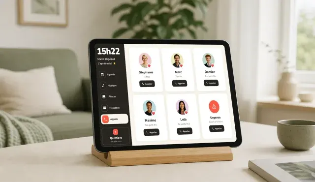 Tablette Cogniti affichant les contacts et l'appel d'urgence