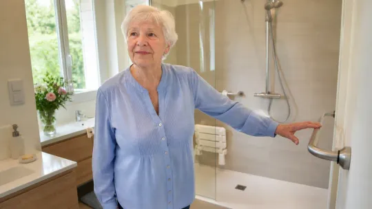 Une femme âgée dans une salle de bain adaptée, près d'une douche de plain-pied équipée d'un siège et d'une barre d'appui