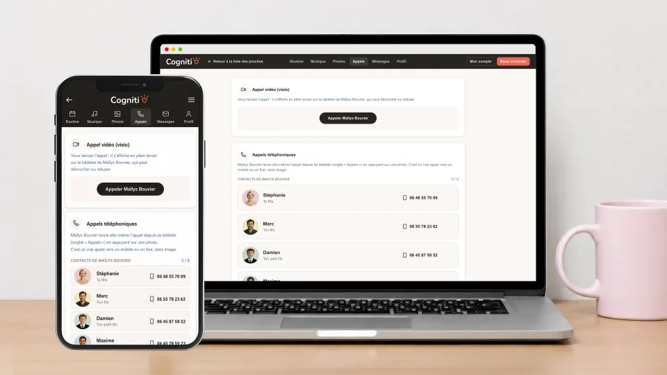 Interface de l’espace aidant Cogniti pour appeler un proche par téléphone ou en visio