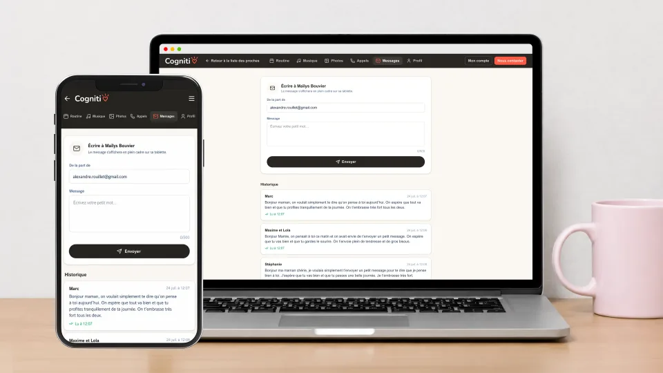 Interface de l’espace aidant Cogniti pour envoyer un message à un proche