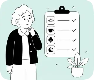 Illustration : personne âgée rassurée en consultant le programme de sa journée