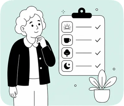Illustration : personne âgée rassurée en consultant le programme de sa journée