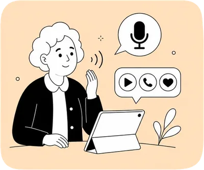 Illustration : personne âgée interagissant à la voix avec une tablette simplifiée
