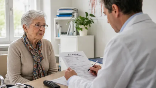 Une femme âgée face à un médecin agréé qui consulte un avis médical d'aptitude à la conduite