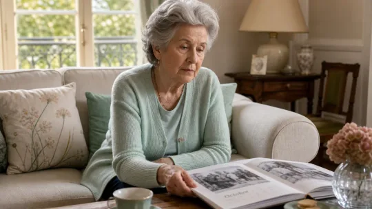 Femme âgée regardant un album photo dans son salon, expression pensive